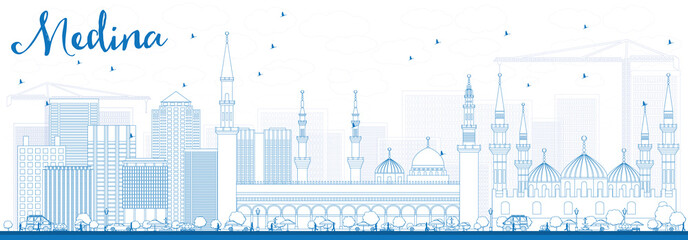 Outline Medina Skyline with Blue Buildings.