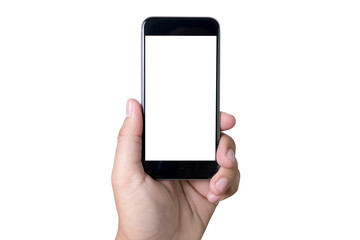 Isolated female hand holding a phone with white screen