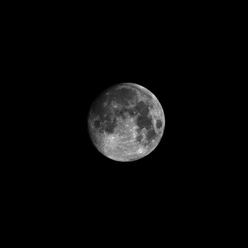 Full moon, isolated on black background for design. Black and white photo with high detailed surface (mares, craters, ridges).