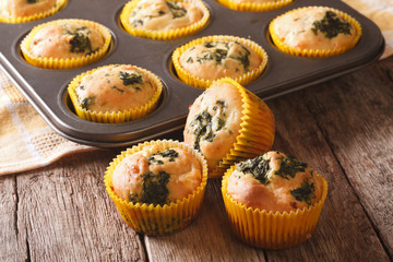 Fresh from the oven muffins with spinach and feta cheese close-up. horizontal
