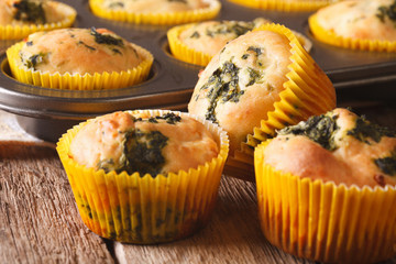 Snack muffins with spinach and feta cheese close-up. horizontal
