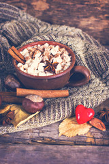 Hot cocoa with marshmallows with spices on the old wooden boards. Coffee, cocoa, cinnamon, nuts, star anise, cozy sweater.Autumn Still Life