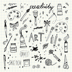Hand drawn Art and Craft vector symbols and objects