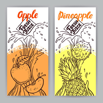 banners of sketch apple and pineapple juice