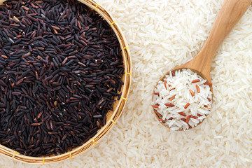 Rice berry grains on white rice background; protects heart health and being good for the kidney, stomach and liver