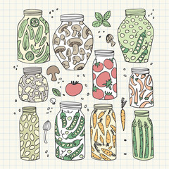 Preserved hand-drawn vector vegetables in jars isolated on graph paper