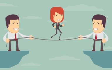 Vector woman over an abyss. people help each other