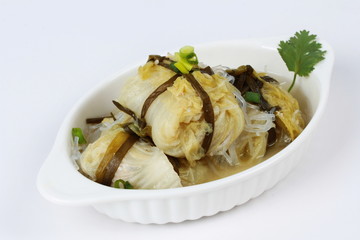 Streamed lettuce wrap minced pork by shallot in bone soup. Side view