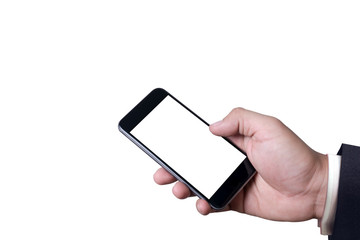 Isolated female hand holding a phone with white screen