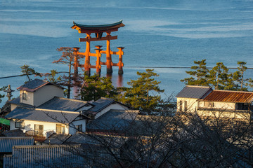 High Angle View of Great floating gate (O-Torii) on Miyajima island