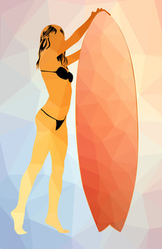Surf board and young pretty woman bikini polygons