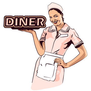 Vector image retro diner waitress halftone dots background