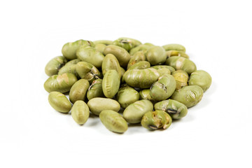 Roasted edamame beans isolated on white background