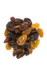 Multicolored raisin medley isolated on white background