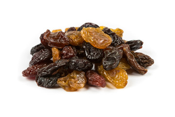 Multicolored raisin medley isolated on white background
