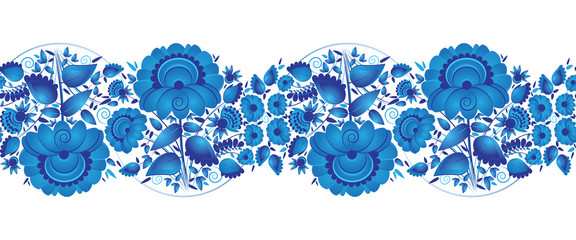 Flowers blue. Gzhel style Russian seamless pattern. Vector