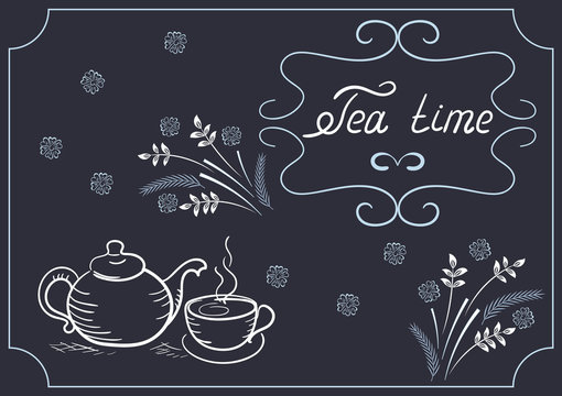 Design elements signboard for cafe with ornament, tea cup, kettl