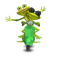 3D Illustration of two frogs on a motor scooter
