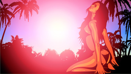 Obraz na płótnie Canvas Naked pretty woman on the tropical beach with palm trees and sunlight