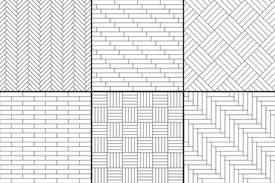 Black and white simple wooden parquet floor set - herringbone, stripes, squares seamless patterns, vector