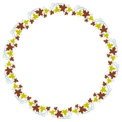Autumn round frame with colorful maple leaves. Vector clip art.