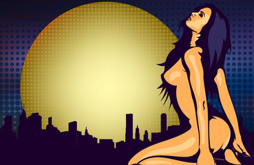 Naked woman near the window with night city view, design vector template
