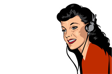 Retro girl listen music in her headphone, vector image