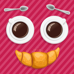 Smiling breakfast. Two cups of coffee, spoons and a croissant. Funny cartoon vector icon.
