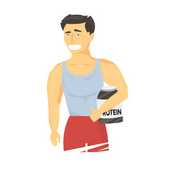 Strong sportsman holding sports nutrition. Vector illustration.
