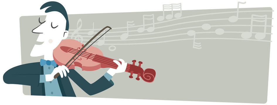 Banner, a musician playing the violin. A banner in retro style with a violinist. In the background there is a staff with musical notes.