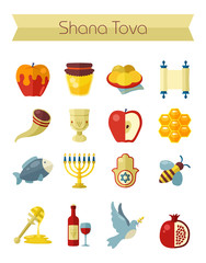 Rosh Hashanah, Shana Tova Jewish New year icon set