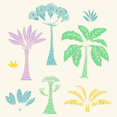 Fototapeta na wymiar Vector hand drawn illustration with cute cartoon doodle palm trees and flowers