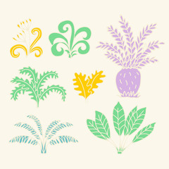 Vector hand drawn illustration with cute cartoon doodle palm trees and flowers