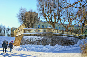 Gatchina, Leningrad oblast (Saint Petersburg suburbs), February 25, 2015, Russia. A corner part of the Gatchina Palace in the Palace Park. Shot at a bright winter day.