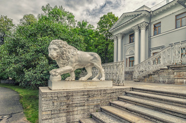 Saint Petersburg, Russia. The lion statue by the Yelagin palace. (Text 