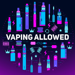 Flat Style, corporate design,  Thin Line ,  template vector e-cigarette . advertising and sales. for design.  vape, Concept, elements are in a circle