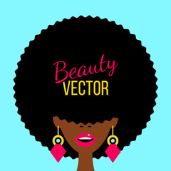 Sexy dark skinned woman with open mouth, african haircut covering her eyes and big earrings. Vector flat colorful background in retro comic style.