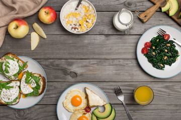 Frame of helpful and tasty breakfast from different of dishes