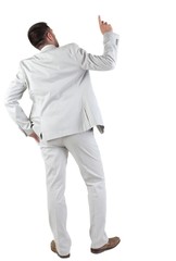 Back view of  thinking young business man in  white suit. Rear view. isolated over white background. Concept of idea, ask question, think up, choose, decide.