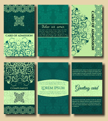 Set greeting vector cards on decorated background . pattern, brochure, gift certificate, party invitation, congratulation