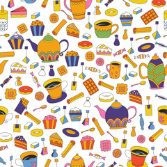Seamless pattern with hand drawn sketchy tea theme