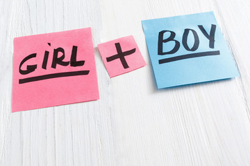 Pink and blue stickers with girl plus boy text, copy space. Three colorful sheets of paper on white wooden background, free space. It's a girl and boy twins concept