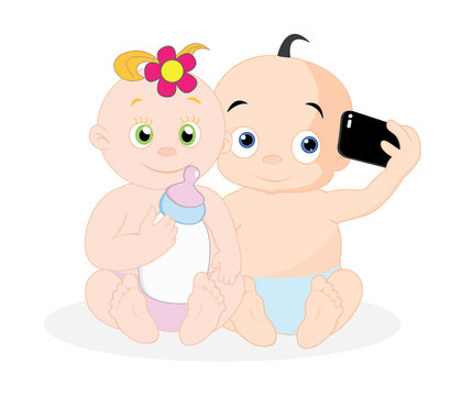 Couple of baby taking selfie, vector illustration