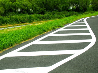 ゼブラゾーンのある土手の道