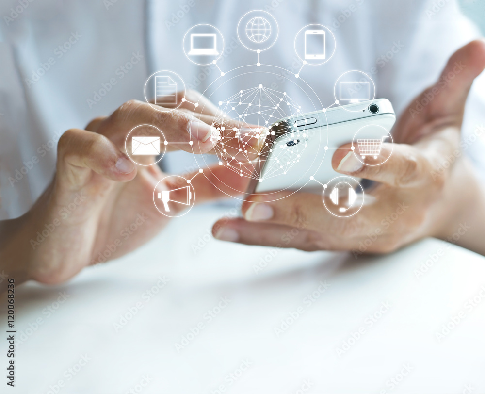 Poster Man using mobile payments, holding circle global and icon customer
