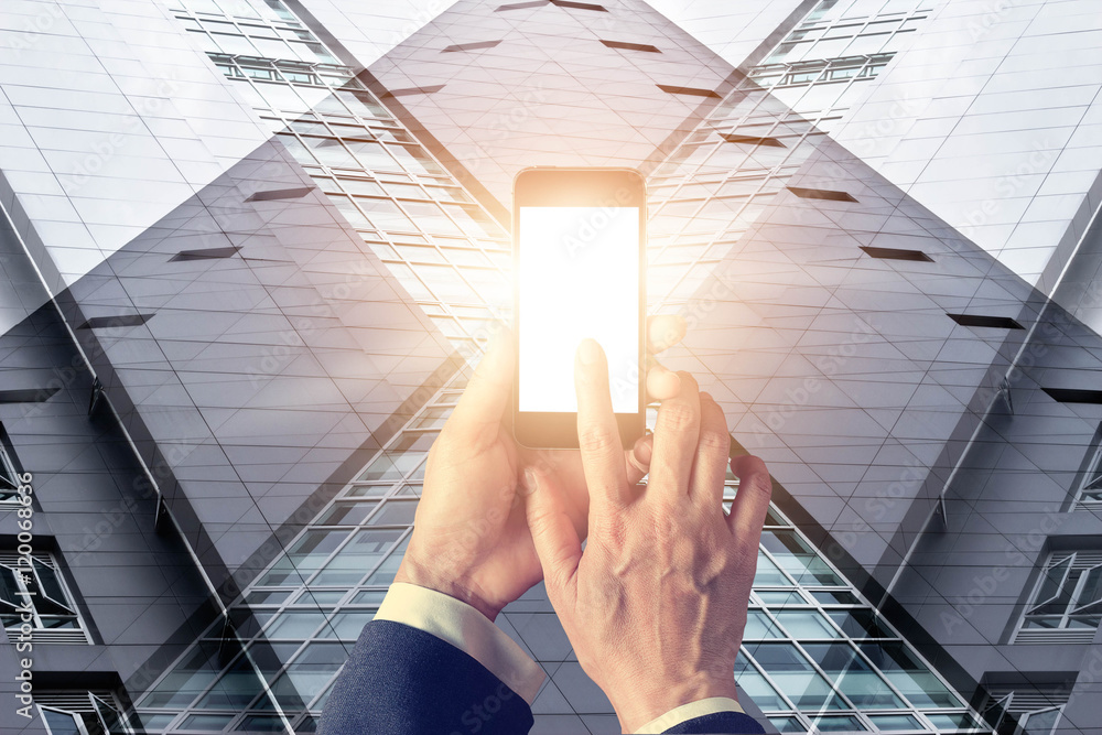 Poster smartphone and business network connection in the city, blank text