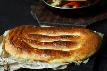 Tasty baked bread, close up