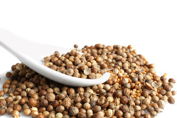 Heap of coriander seeds with spoon on white background