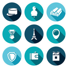Vector Set of French Legion Icons. Kepi, Target, Barracks, Order, Eiffel Tower, Deployment, Security, Payment, Obstacle.