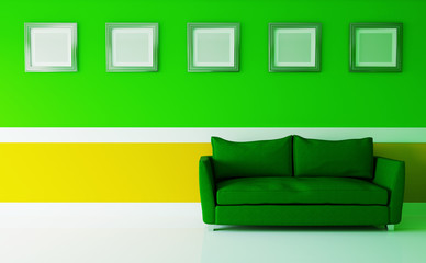 Orange-green interior in a modern style. 3d illustration
